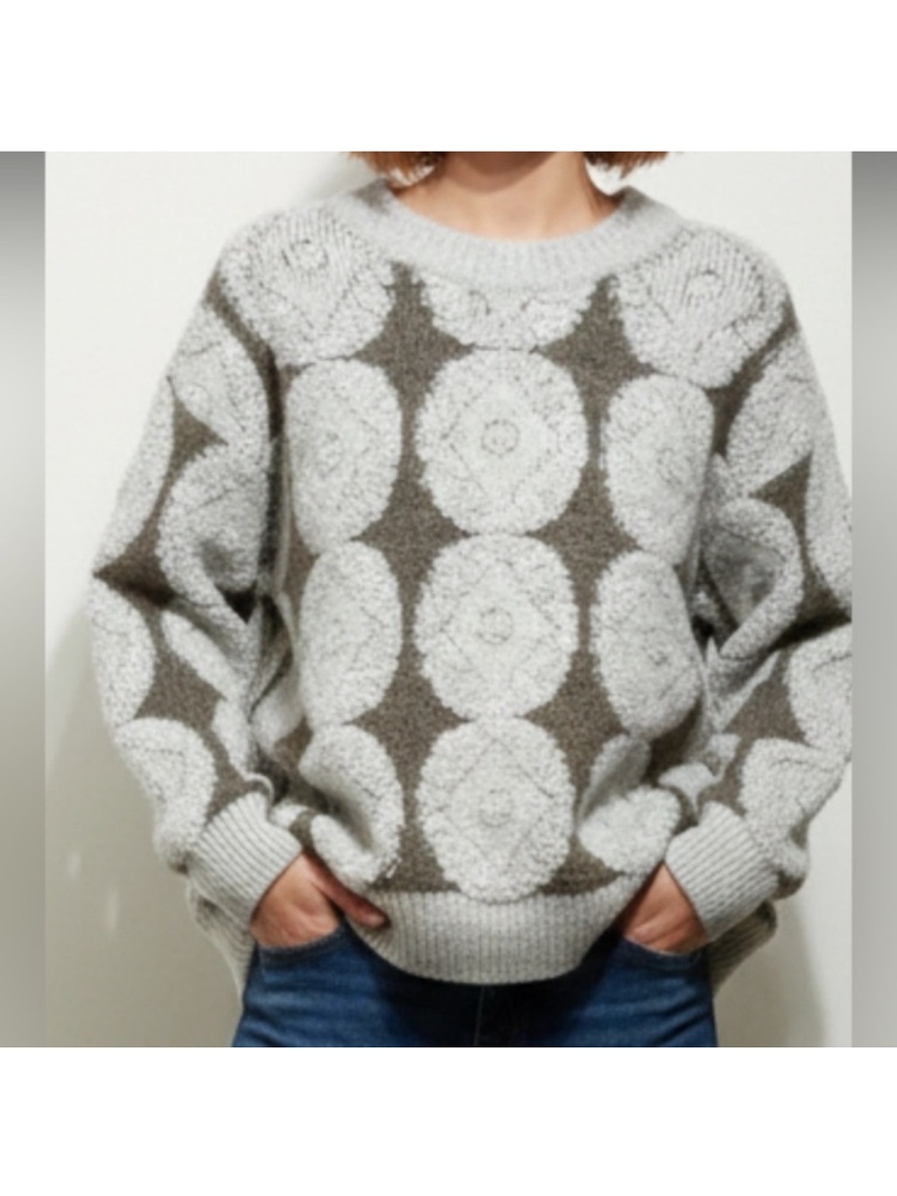 Zara Wool Blend Sweater Size Large Boucle Knit Circle Print Oversized Grey Brown